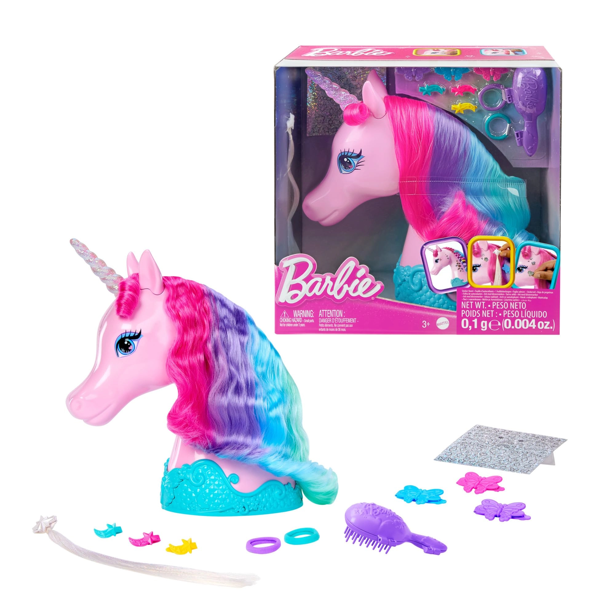 Barbie Unicorn Styling Head - 10 Styling Accessories Shimmer Stickers Ages 3+
