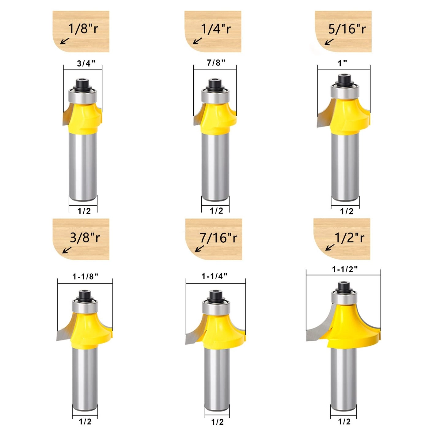 Round-Over Router Bits - 1/2-Inch 6PCS