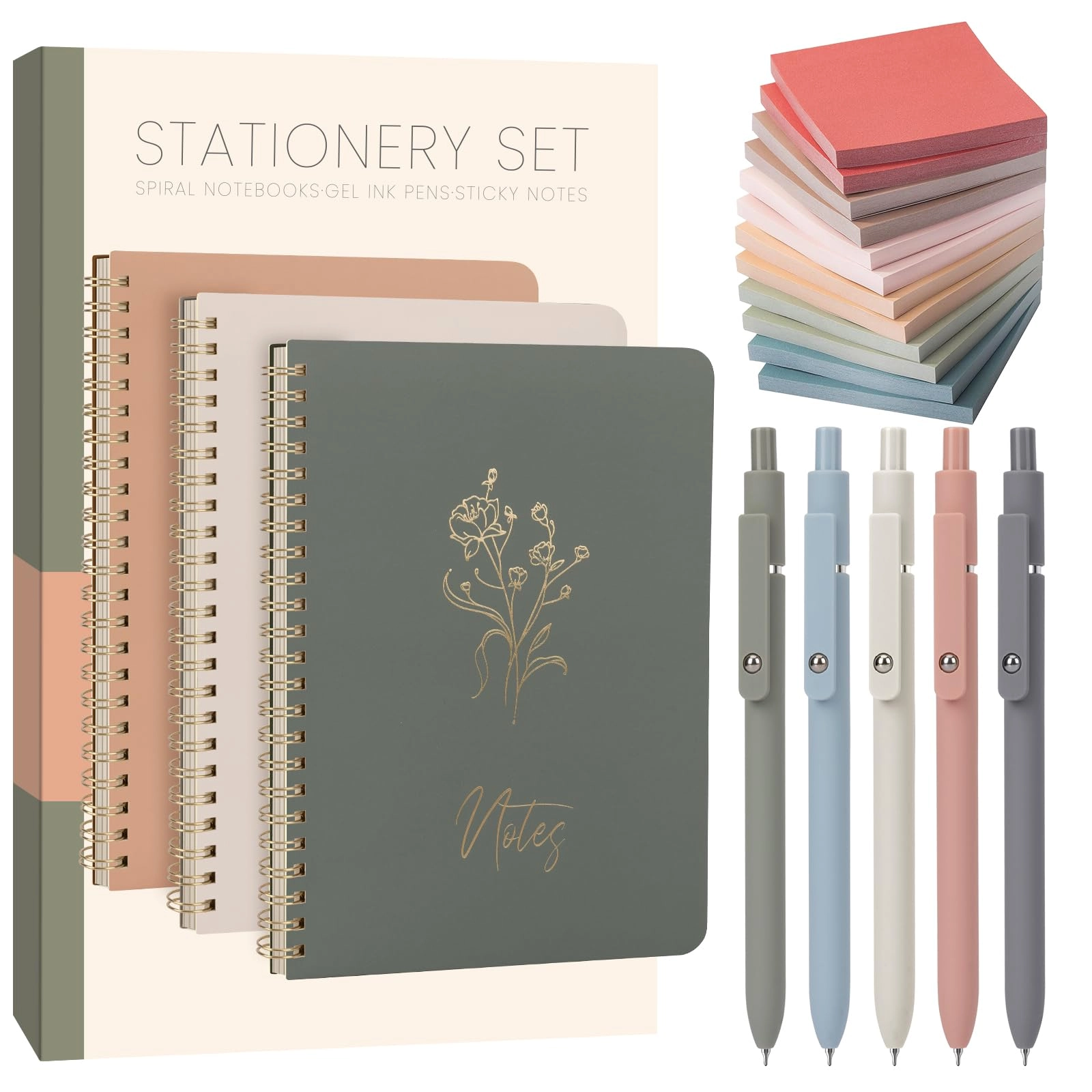 alkalo A5 Spiral Notebook - 3 Pack 80 Sheets + Gel Pens - 5 PCS + Sticky Notes - 600 + Gift Box