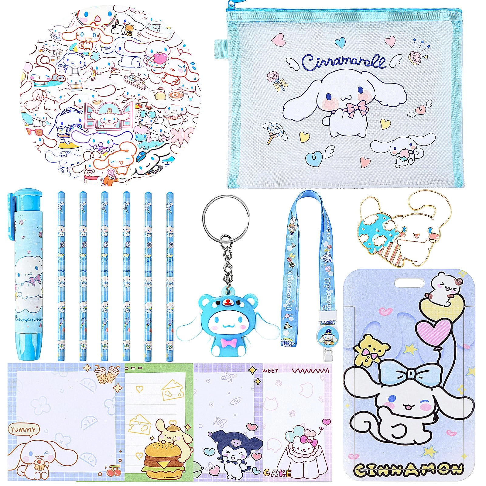 heartsking Nylon Mesh Bag + Stickers + HB Pencils + Keychain + Pen-Style Eraser + Lanyard with ID Holder + Sticky Notes - 64pcs