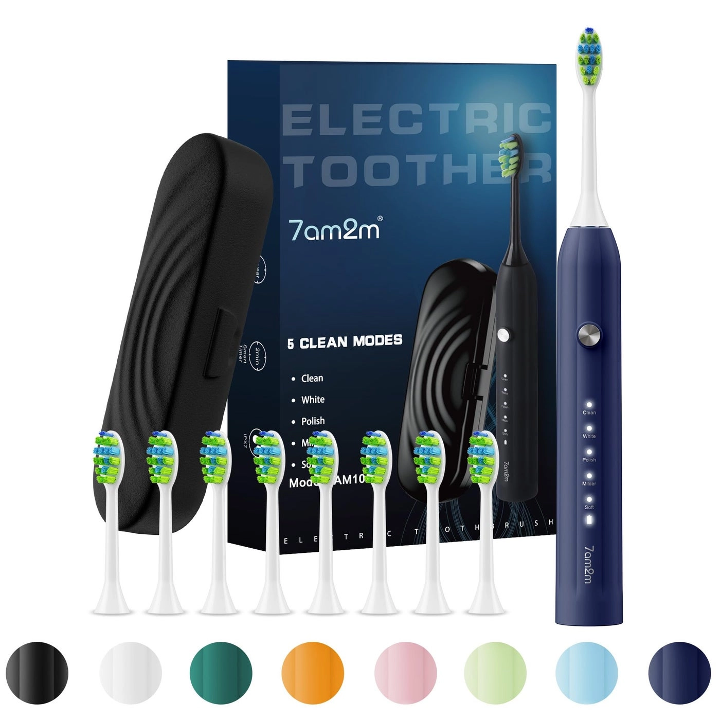 7AM2M Sonic Electric Toothbrush - 8 Heads 5 Modes Midnight Black