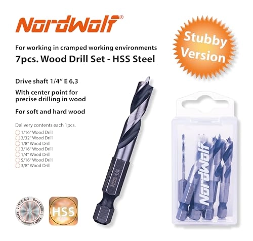 HSS Brad Point Stubby Wood Drill Bit Set - 7-Piece 1/16"-3/32"-1/8"-3/16"-1/4"-5/16"-3/8"