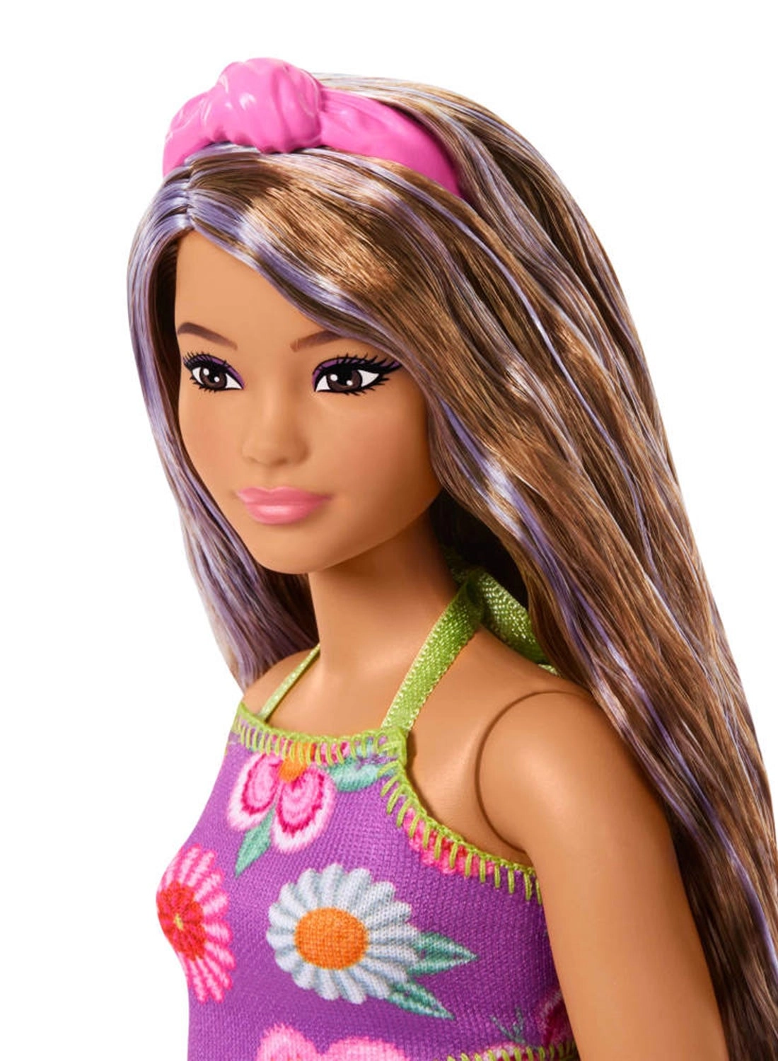 Barbie Fashionistas #244 - Purple-Streaked Brown Hair Purple Floral Halter Top and Matching Skirt