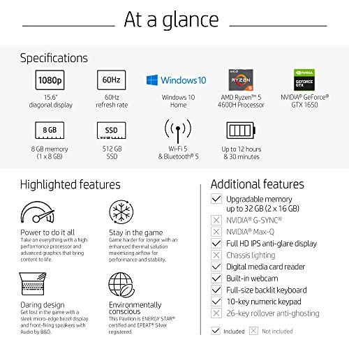 Pavilion Gaming 15 15-ec1010nr - 15.6'' Ryzen 5 4600H 8GB DDR4 512GB SSD