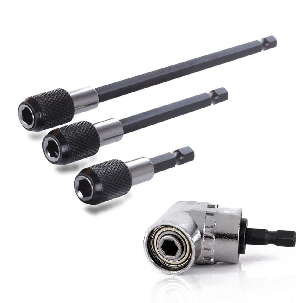 QISF 105 Degree Right Angle Driver - 1/4" Hex Shank + Magnetic Drill Bit Holder - 3pcs 60mm/100mm/150mm