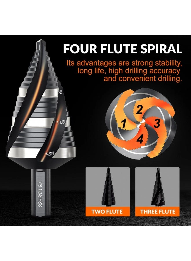 Four Spiral Flute Step Drill Bit Set - HSS 5 Pcs 1/8"-1-3/8"