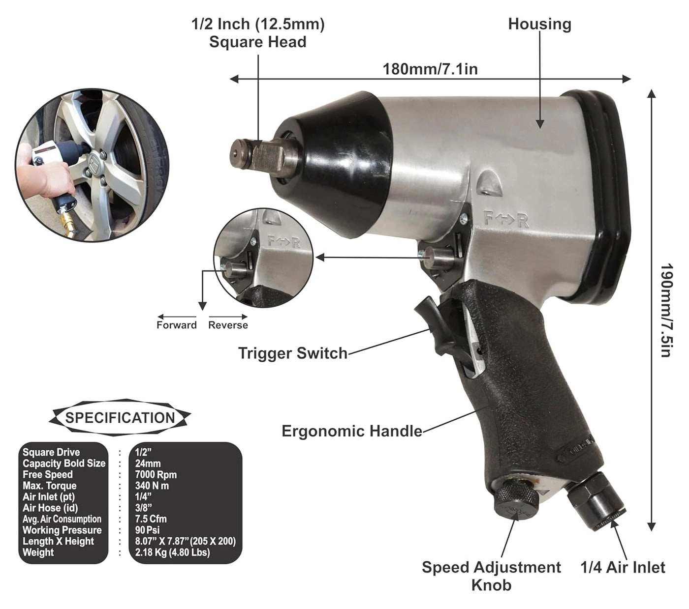 Pneumatic Impact Wrench - 12 + Air Blow Gun + Hammer - 200gm + Socket Set - 10pc + Extension Bar - 927mm + Mini Oiler + Air Nipple