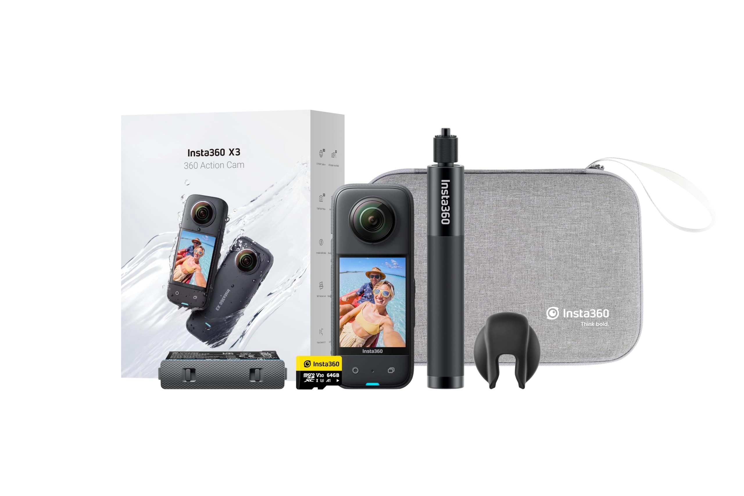 Insta360 X3 - 360 5.7K + Case + Invisible Selfie Stick - 70cm + Extra Battery + Lens Cap + Memory Card - 64GB