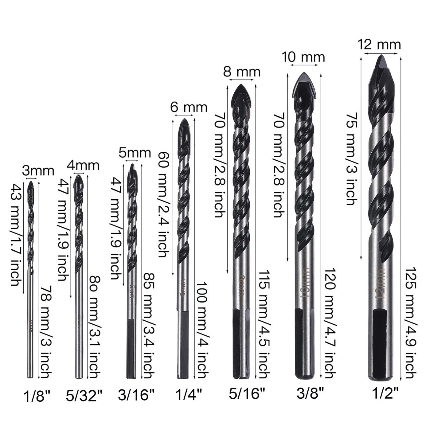 Tungsten Carbide Tip Drill Bits - High quality tungsten carbide tip 7pcs 3mm 4mm 5mm 6mm 8mm 10mm 12mm