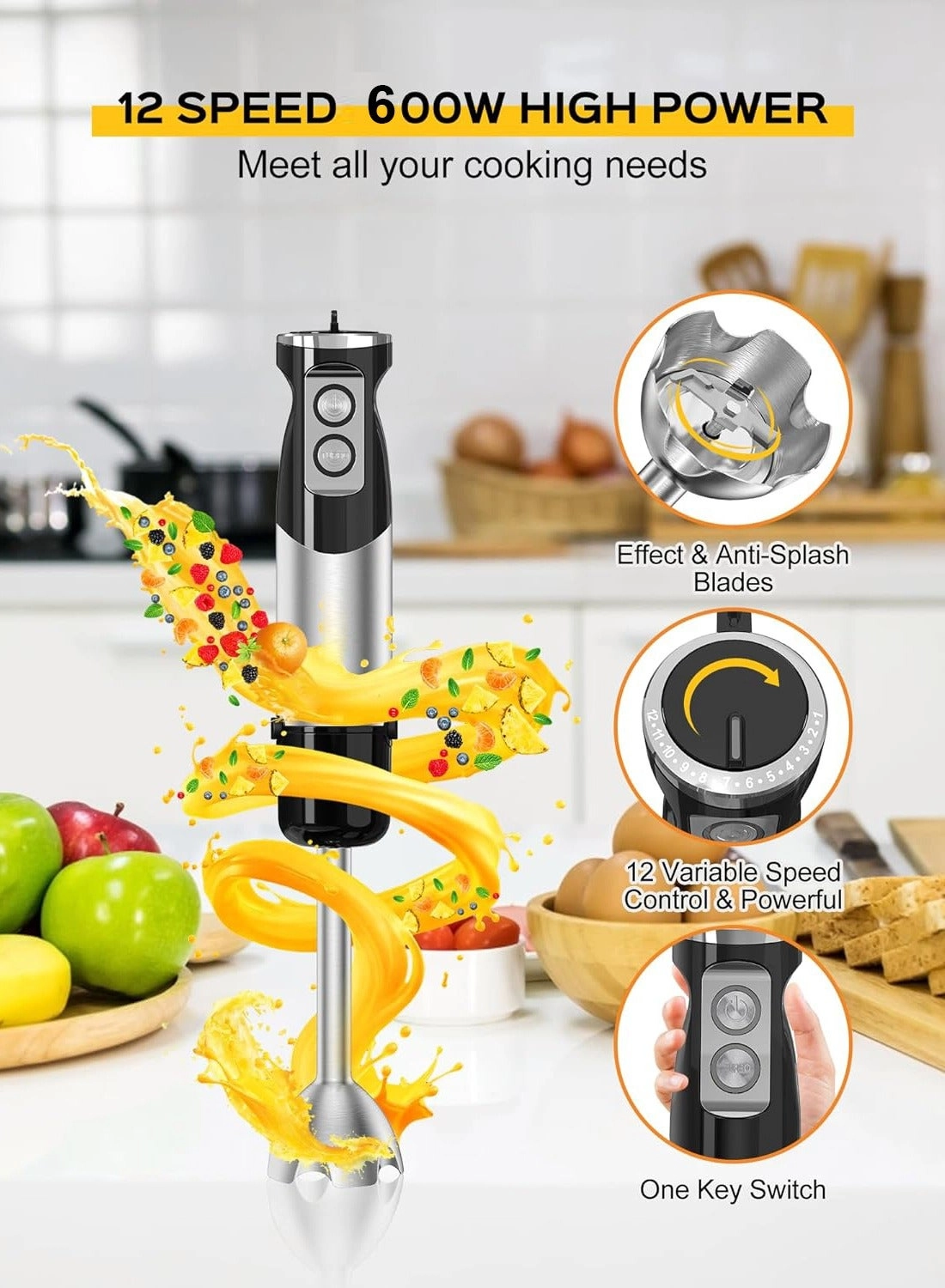 6-in-1 Hand Blender - 12 Speed Egg Whisk Stainless Steel Blades