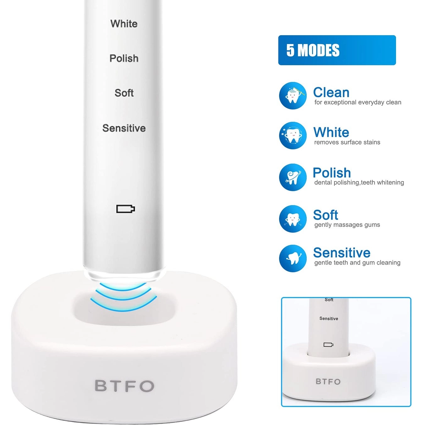 Sonic Electric Toothbrush - 5 Modes 2 Brush Heads USB Rechargeable