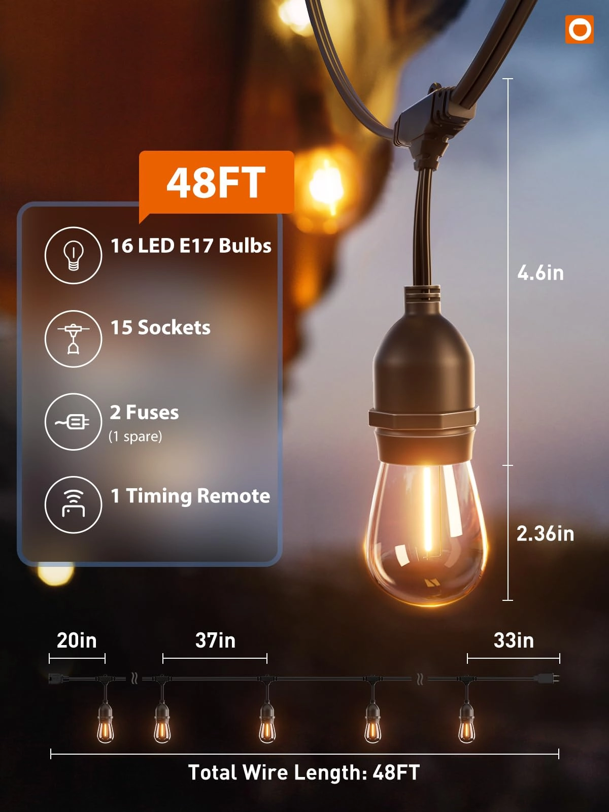 Outdoor String Lights - 48FT LED Timer Control