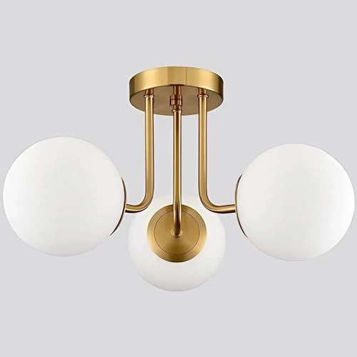 Modern Metal Ceiling Light Hanging Lamp - 3 Light Glass White Globes Golden