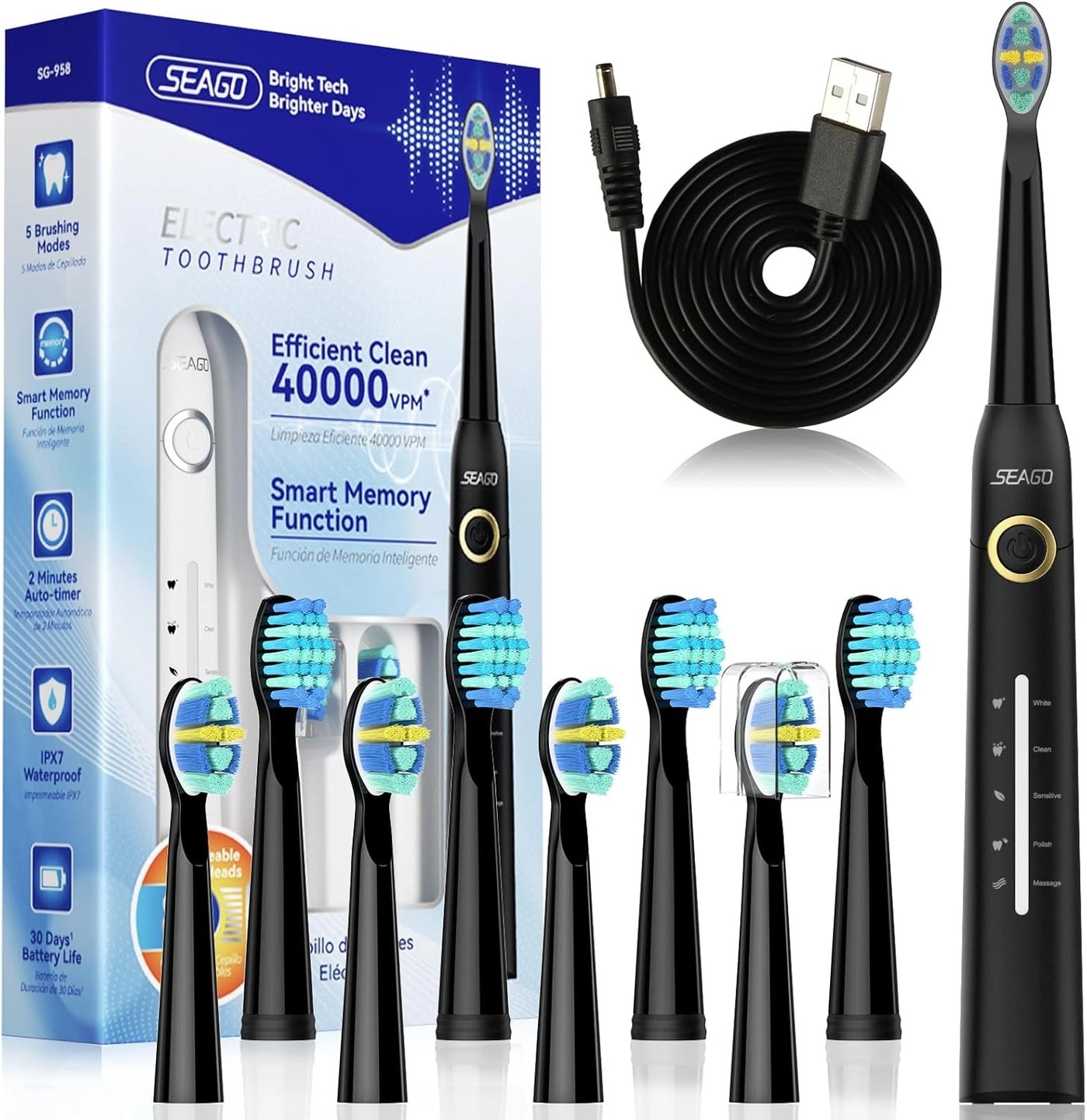 SG-2753 - Ultrasonic Rechargeable 8 Brush Heads 5 Modes