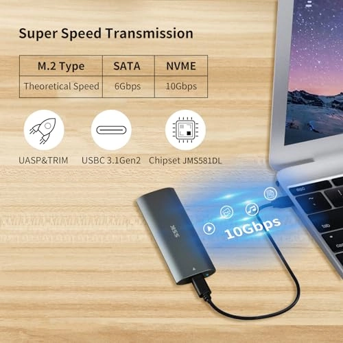 M.2 NVME SATA SSD Enclosure - USB C 3.1/3.2 Gen 2 10Gbps NVMe/SATA 2230/2242/2260/2280