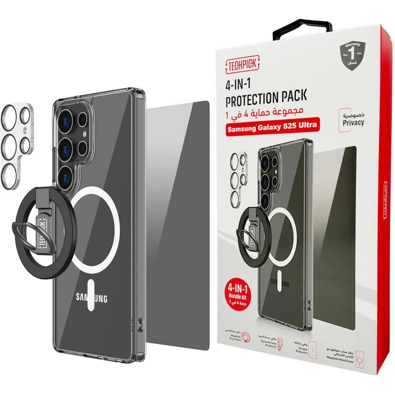 Hard Case + Tempered Glass + Camera Lens Protector + Magnetic Stand Smartphone Case Bundle with MagSafe for Samsung Galaxy S25 Ultra