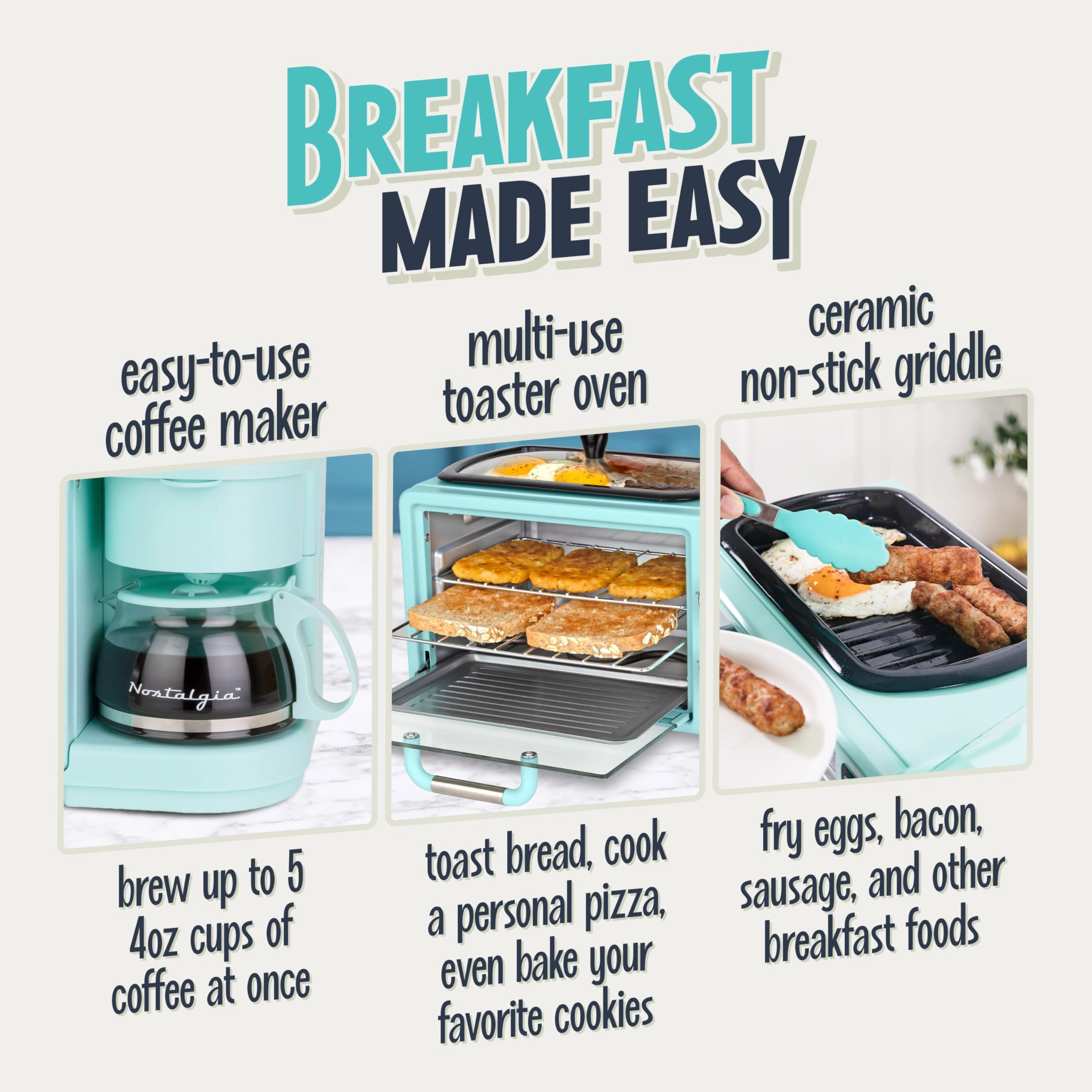 3-in-1 Retro Breakfast Station - 5 Cups Non-Stick Ceramic Griddle 4-Slice Toaster Oven
