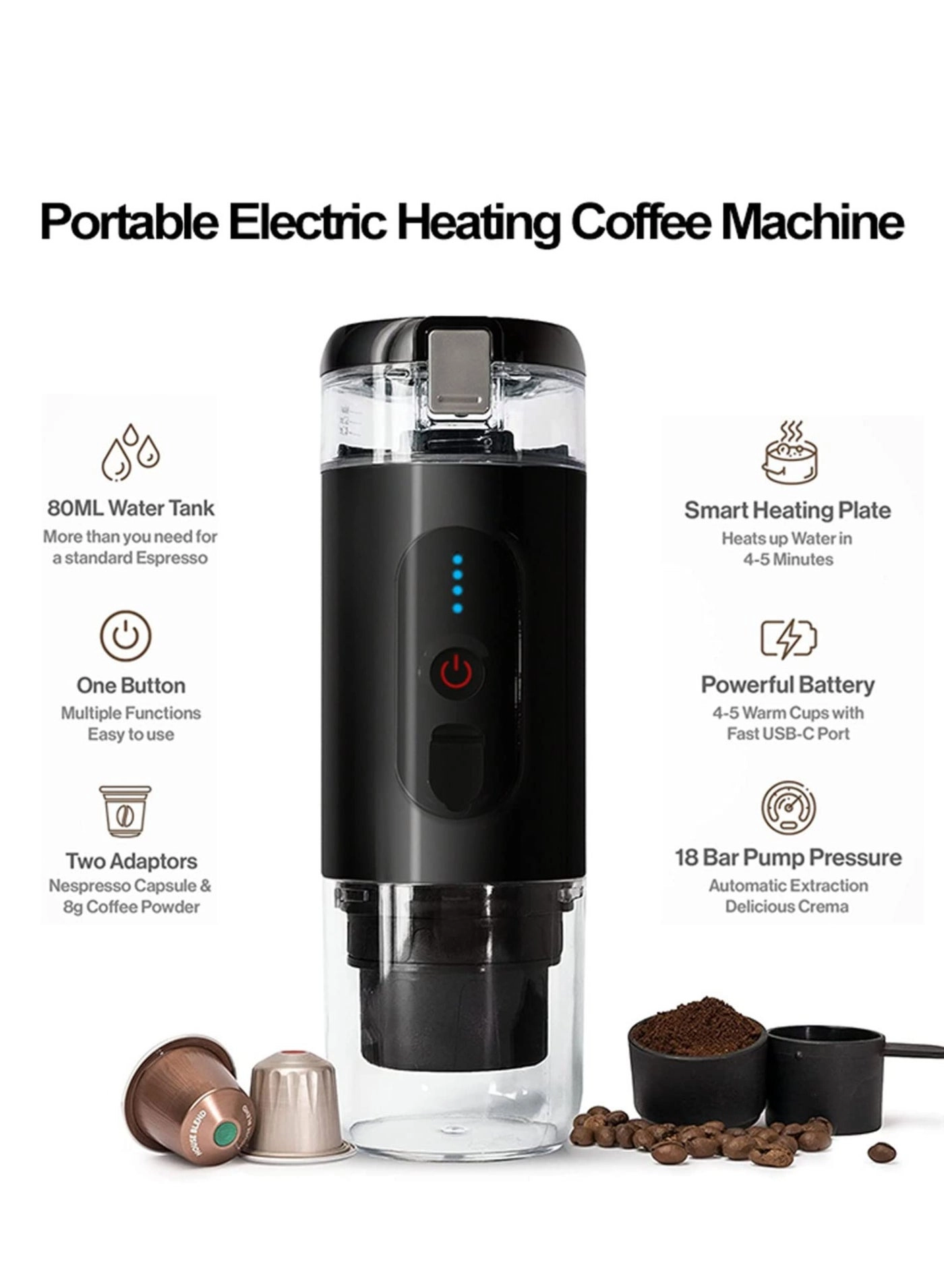 Portable Espresso Machine - coffee powder and coffee capsules (Nespresso compatible)