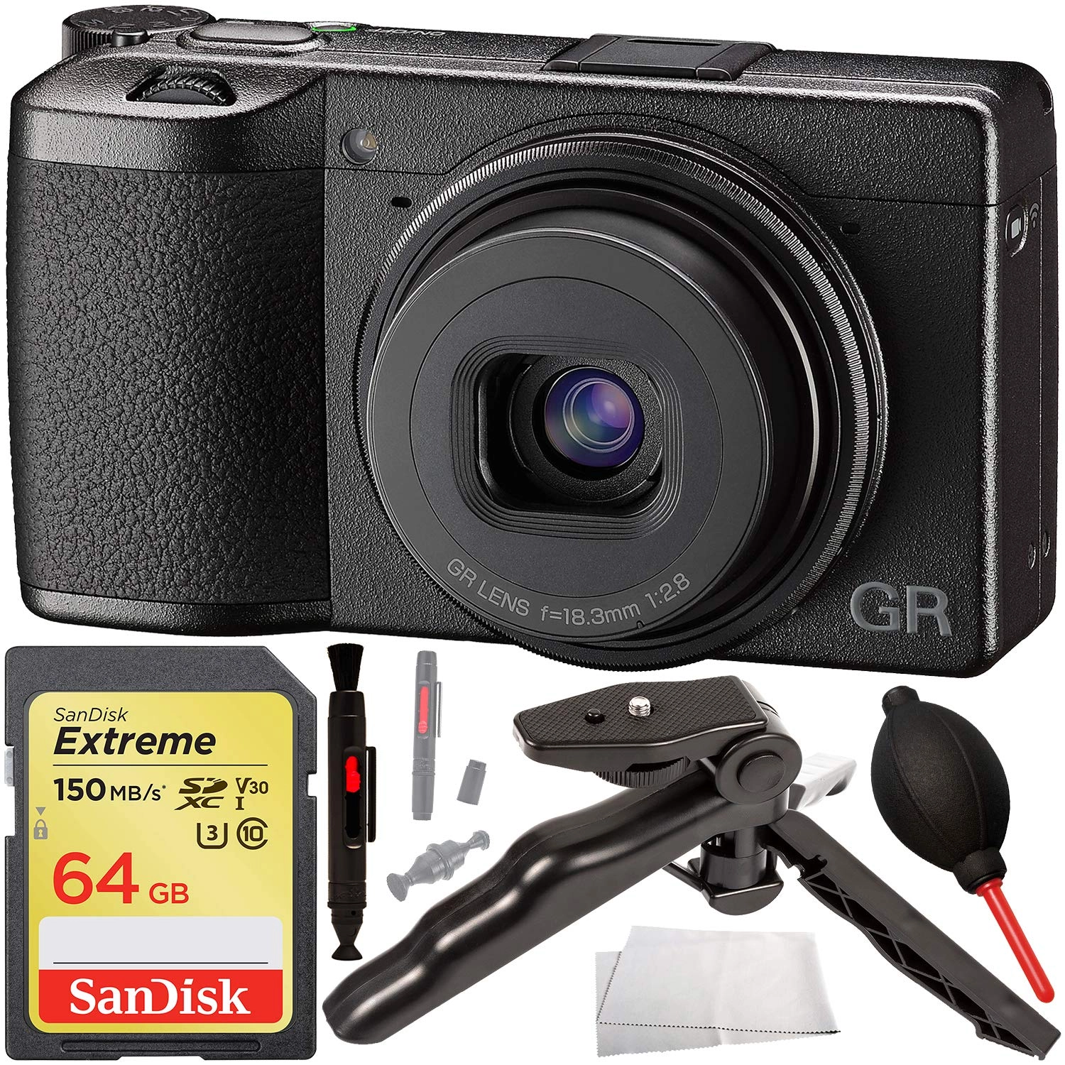 Ricoh GR III + SDXC Memory Card + Tabletop/Pistol Grip Tripod + Cleaning Pen + Dust Blower + Microfiber Cleaning Cloth
