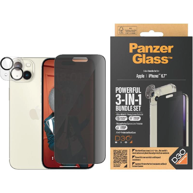 ClearCase - Glass TPU D3O + UWF Screen Protector + Camera Lens Protector for iPhone 15 Pro Max 2023 6.7"