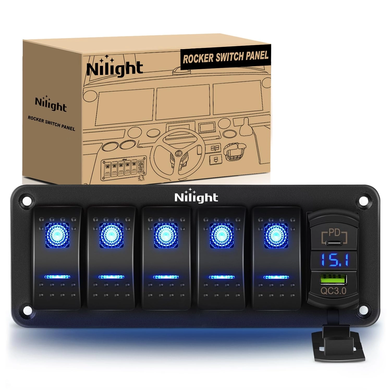 Nilight 5 Gang Rocker Switch Panel - PD Type C USB Charger Voltmeter