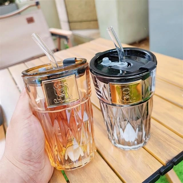 Glass Tumbler - 1 pcs With Lid and Straw - 400 ml