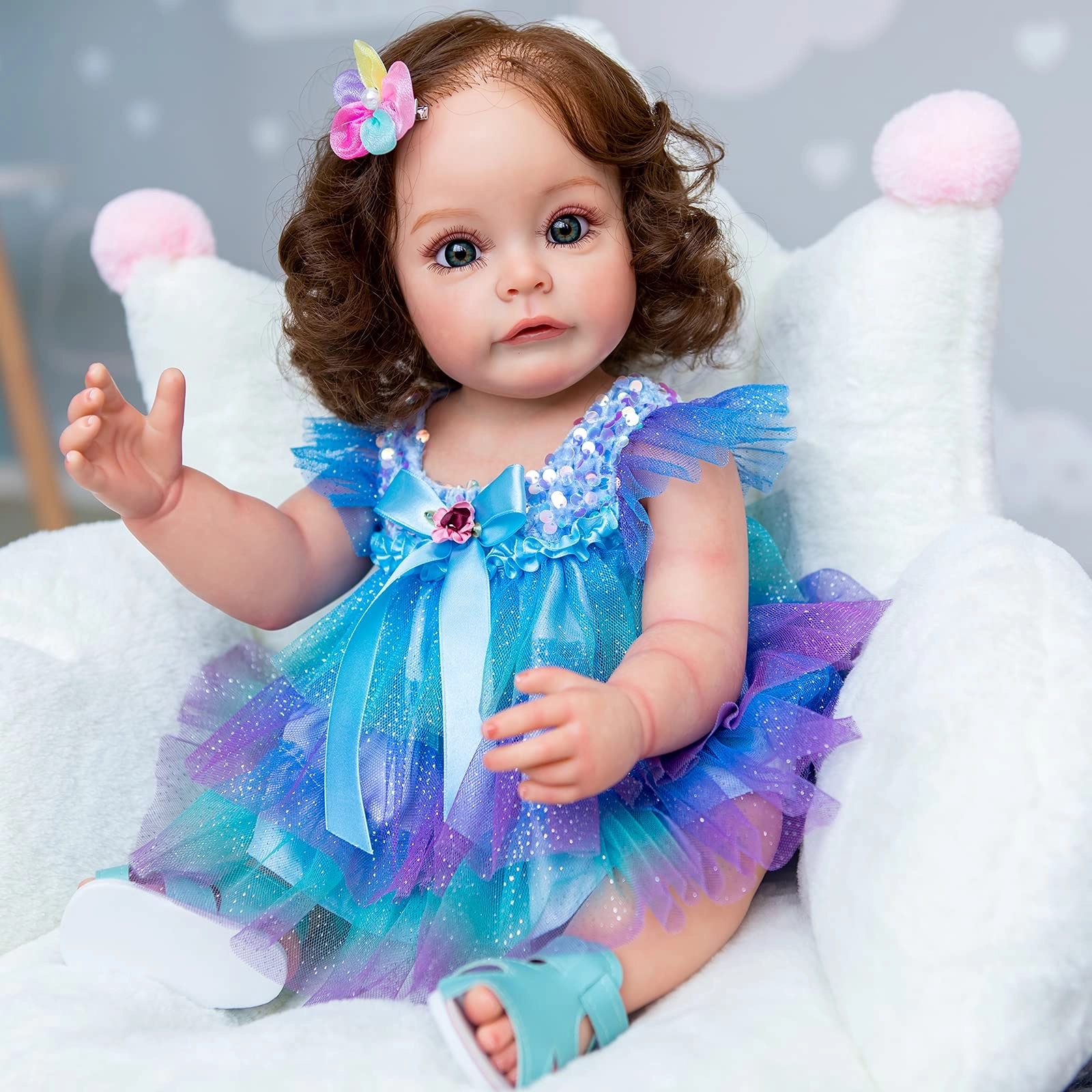 Sue-Sue Reborn Baby Doll - 55 cm Silicone Rooted Brown Hair