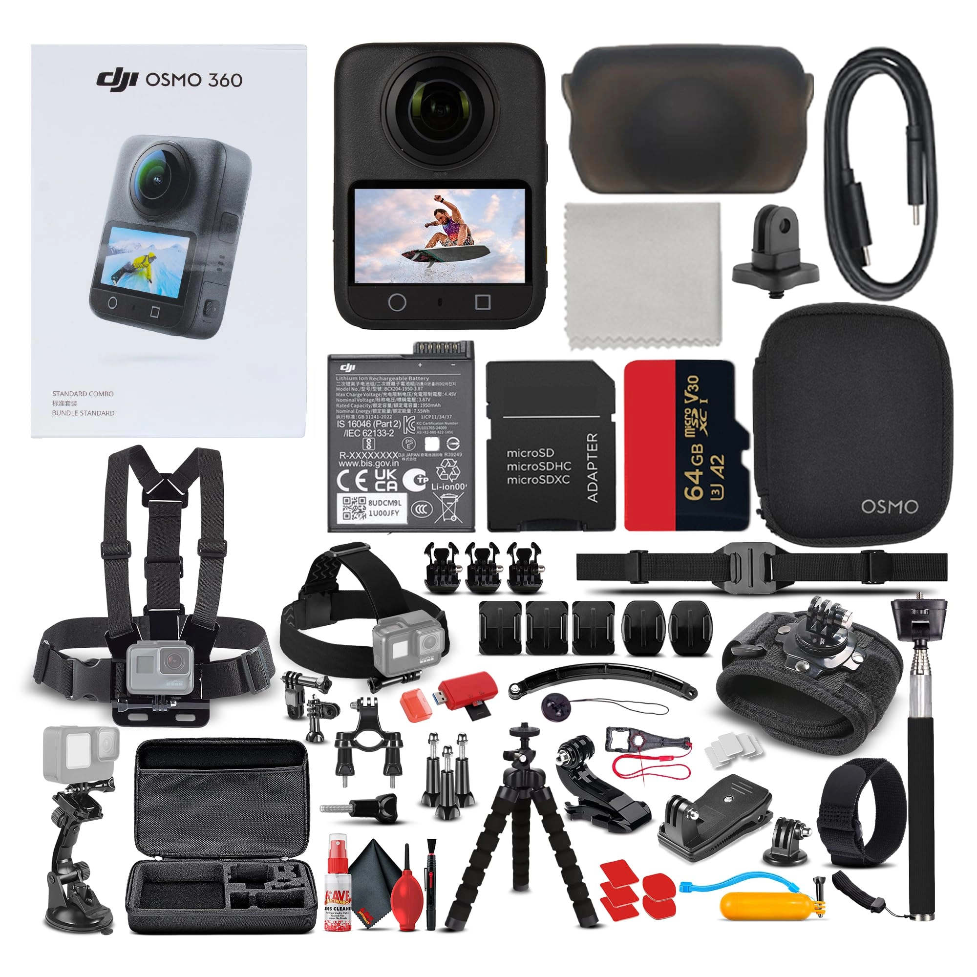 DJI Osmo 360 - 5.7K + 50-in-1 Action Accessory Kit + 64GB microSDXC Memory Card + Deluxe Cleaning Kit + Memory Card Reader + Action Camera Accessory Adapter