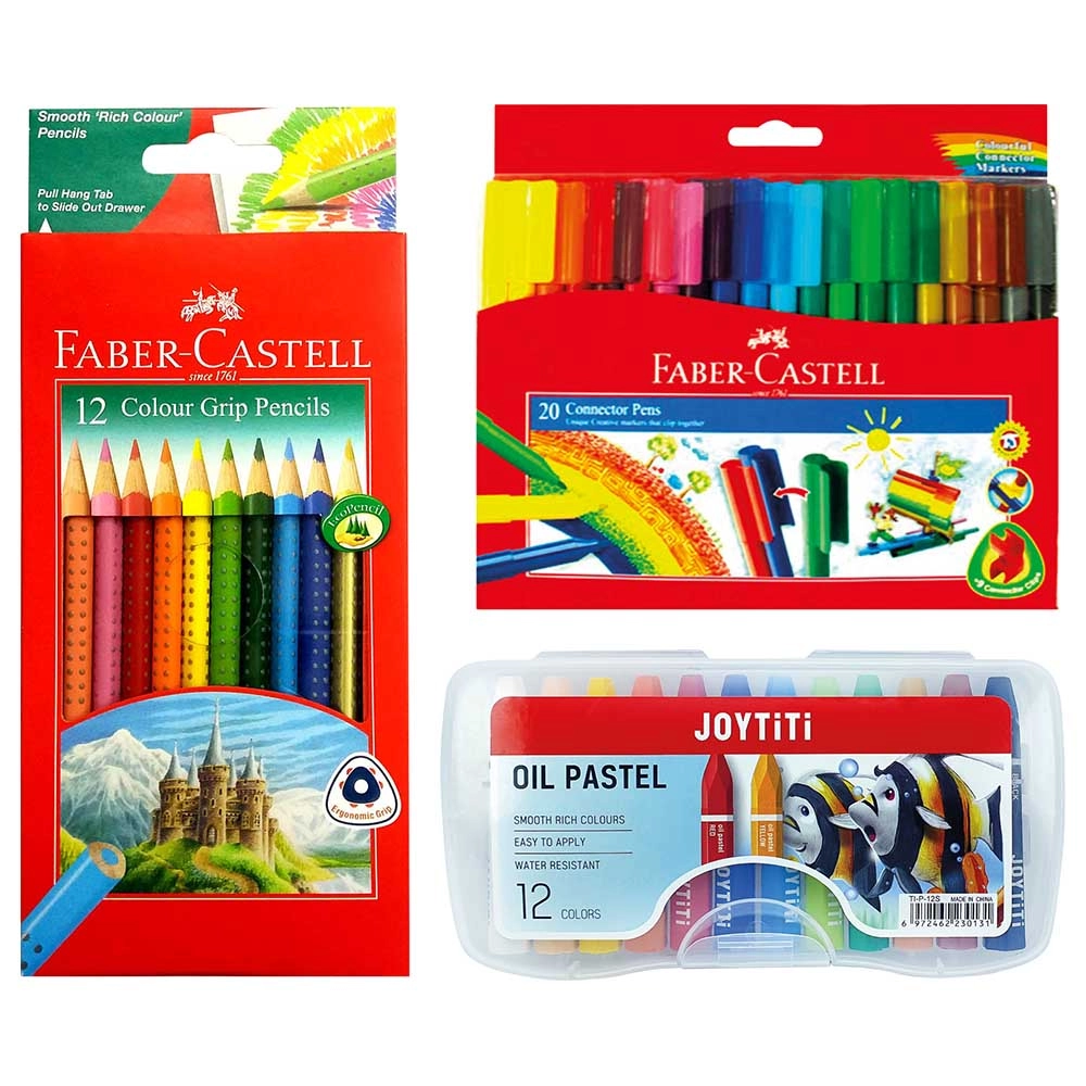 Faber-Castell Connector Color Pen - 20Colours + Grip Color Pencil - 12Colours + Oil Pastel - 12Colours