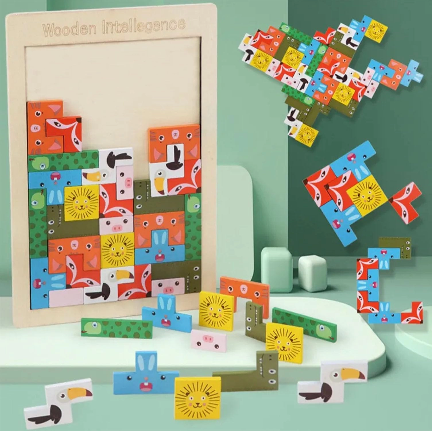 2 in 1 Tetris Wooden Animal Russian Puzzle - 80 Pcs Multicolor