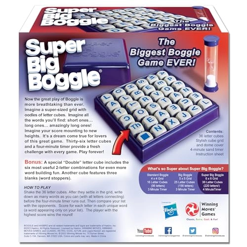 Super Big Boggle - 6x6 Grid 36 Letter Cubes 4 Minute Sand Timer