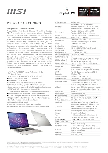 Prestige A16 AI+ - 16'' 1TB 32GB Ryzen AI 9 365 2.0GHz