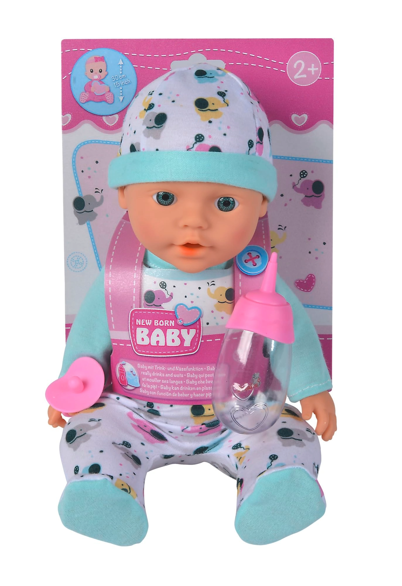 Simba New Born Baby Elephant Doll - Drinking and Wet Function Bottle and Dummy Ages 2+