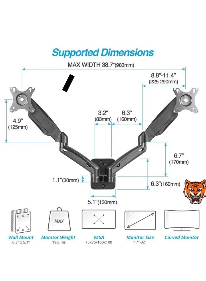 Dual Monitor Wall Mount - two 17''-32'' 75x75mm 100x100mm