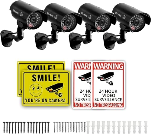 Fake Security Camera - 4 Pack + Warning Sign - Aluminum + Screw - 24