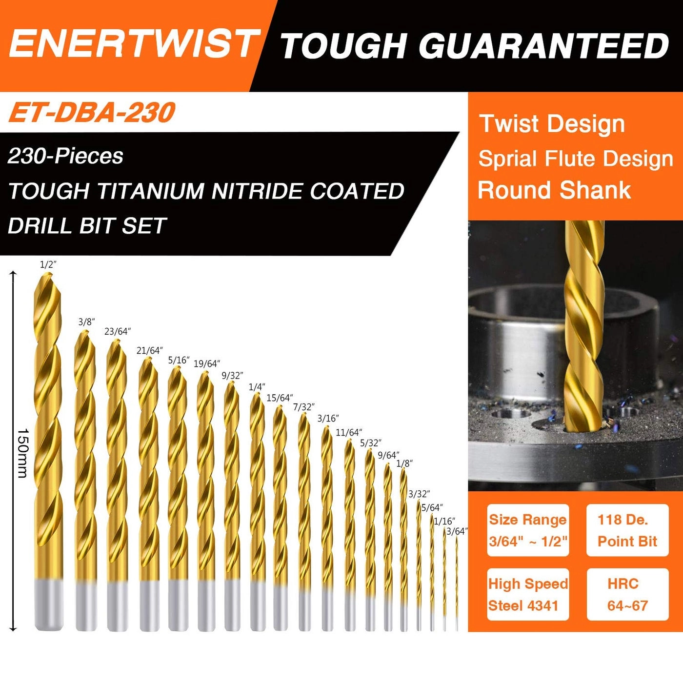 Drill Bit Kit - Titanium 230-Piece 3/64inch up to 1/2 Inch