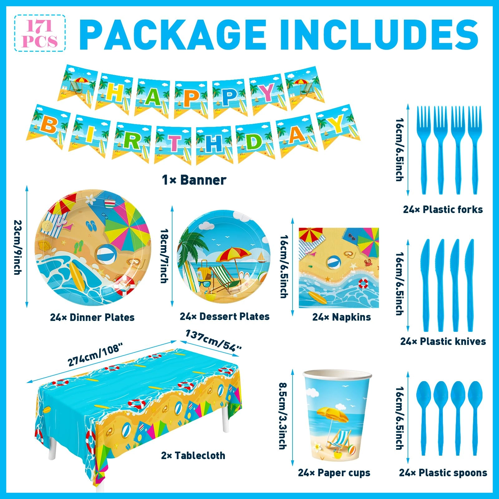 Summer Beach Party Supplies - 171pcs Birthday