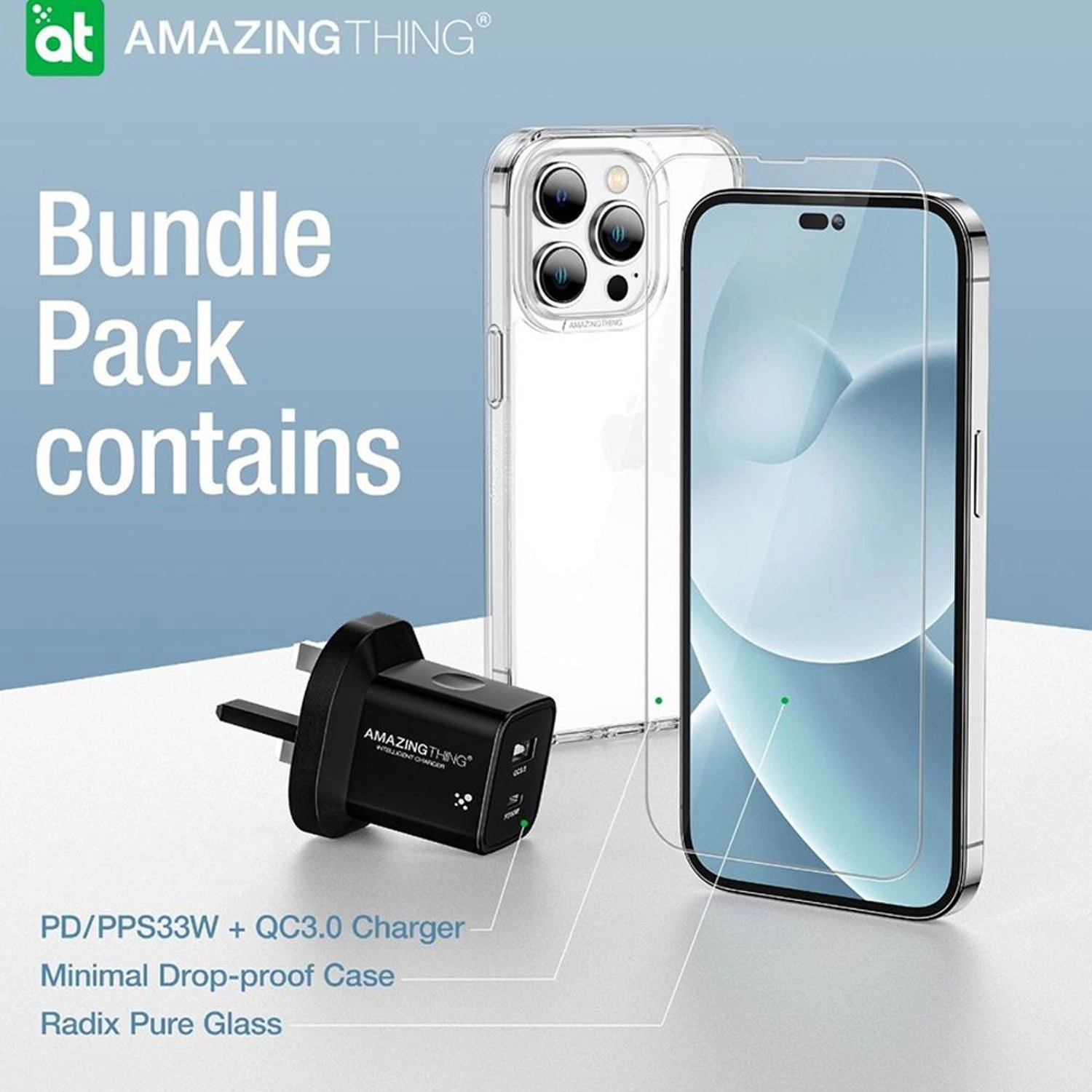 Minimal Drop-proof Case + Radix Pure Glass + PD/PPS33W + QC3.0 Charger Case Screen Protector for Apple iPhone 14 Plus