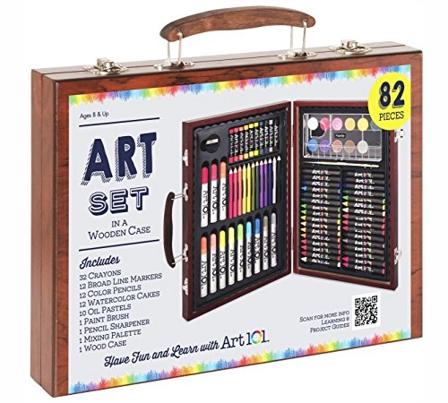 Wood Art Set - 82 Piece 32 crayons, 12 broad line markers, 12 color pencils, 12 watercolor cakes, 10 oil pastels, portable wood case, mixing palette