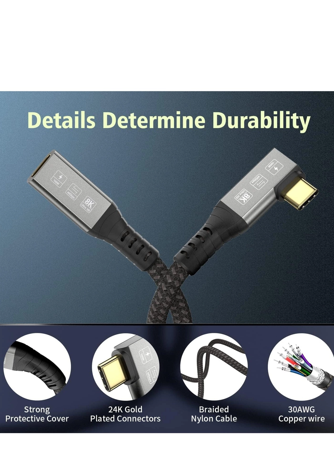 USB 4 Type-c Male Angle to Female Extension Cable 100W