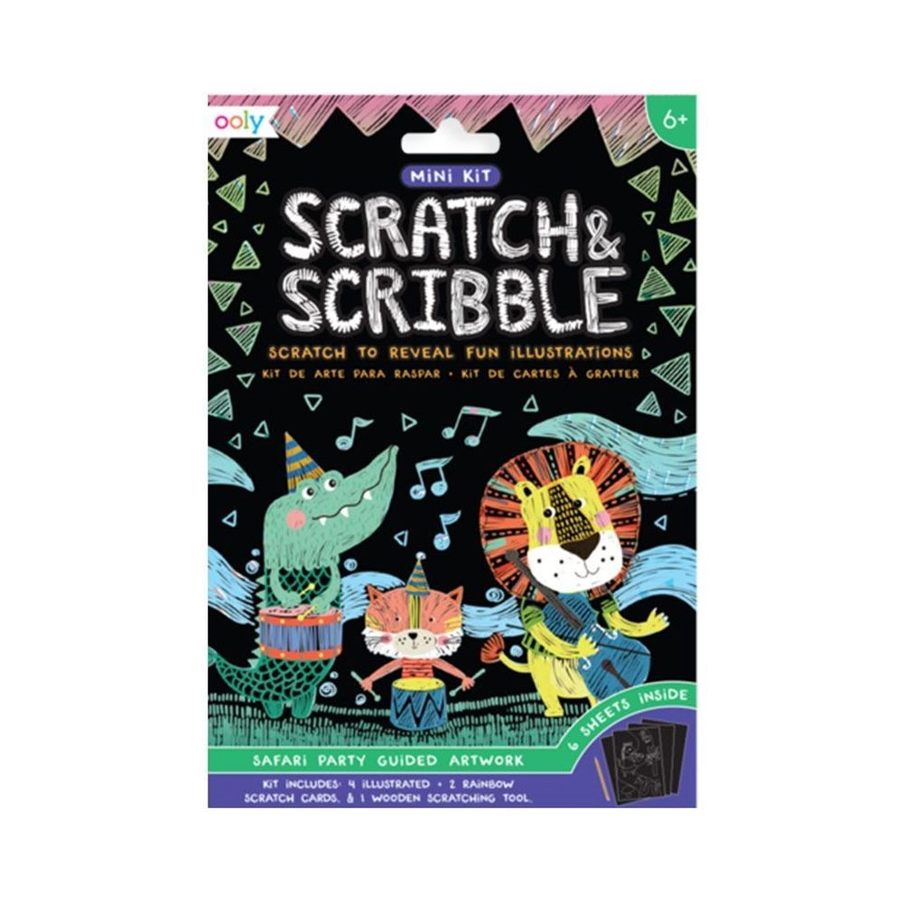 OOLY Mini Scratch & Scribble Art Kit - 4 illustrated scratch cards (4 x 6 inches) 2 rainbow DIY blank scratch cards (4 x 6 inches) 1 wooden stylus