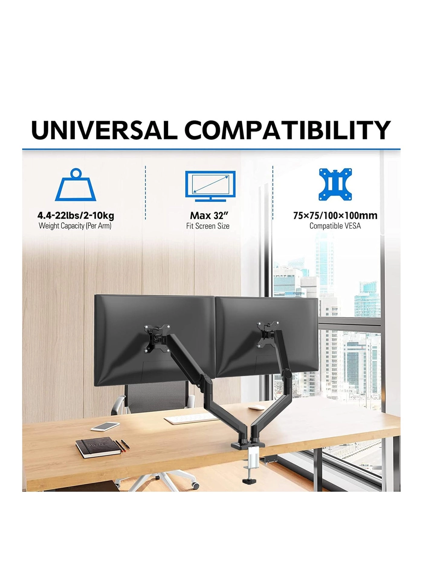 Dual Monitor Stand - 32 Inches 75x75/100x100mm