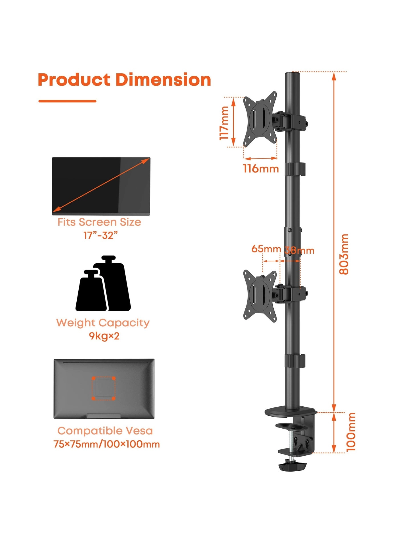 Dual Monitor Stand - 32 inch 75mm x 75mm 100mm x 100mm
