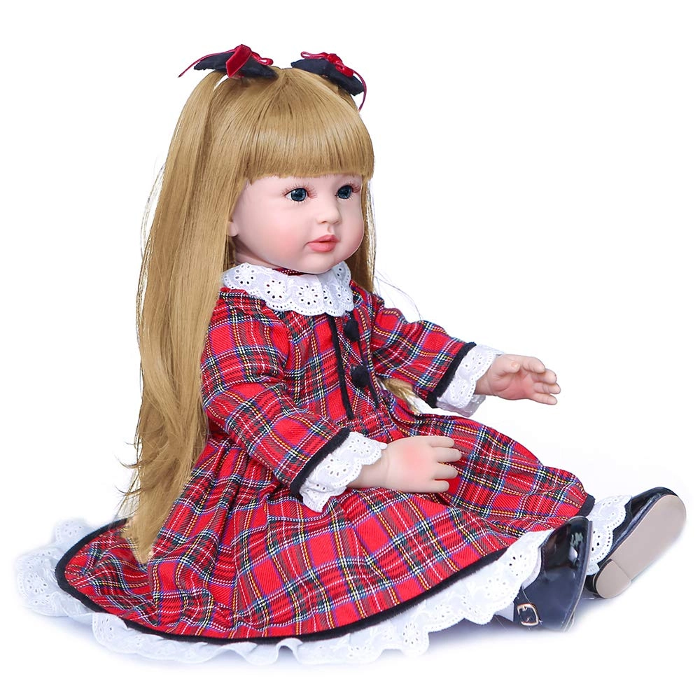 Morelian Reborn Baby Doll - 24 inch Silicone Vinyl + PP Cotton Red Plaid Dress Bundle