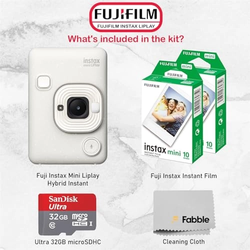 INSTAX Mini LiPlay - Hybrid Instant Camera + INSTAX Mini Twin Film Pack - 20 Sheets + 32GB microSD Card + USB Charging Cable + Hand Strap + Camera and Lens Cleaning Cloth - Grey