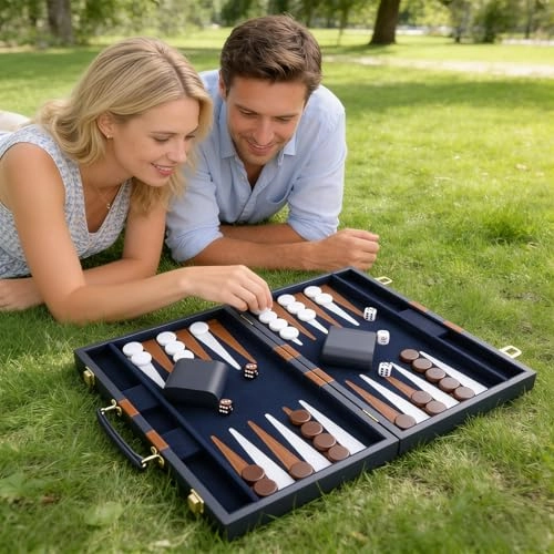Backgammon Set - Premium Leather Case Blue Grey