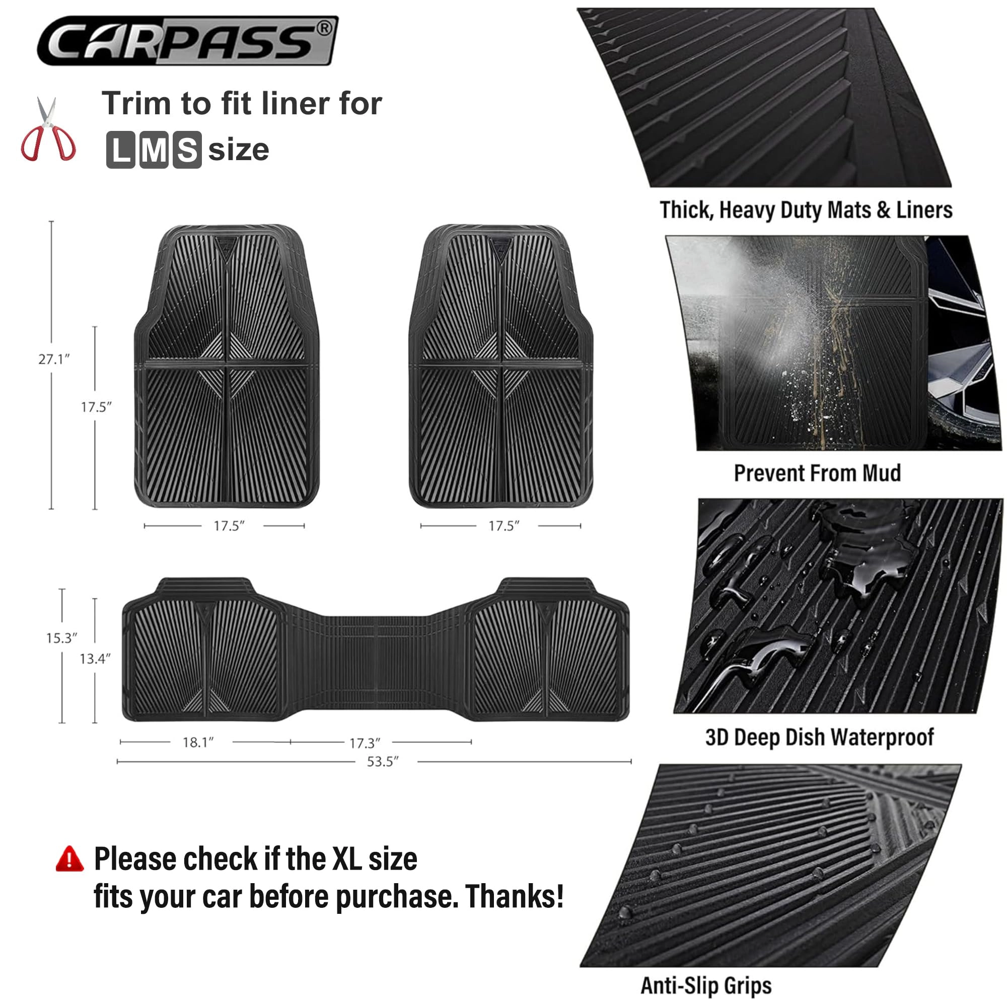 Rubber Floor Mats - All Weather Trim-to-Fit 3-Piece