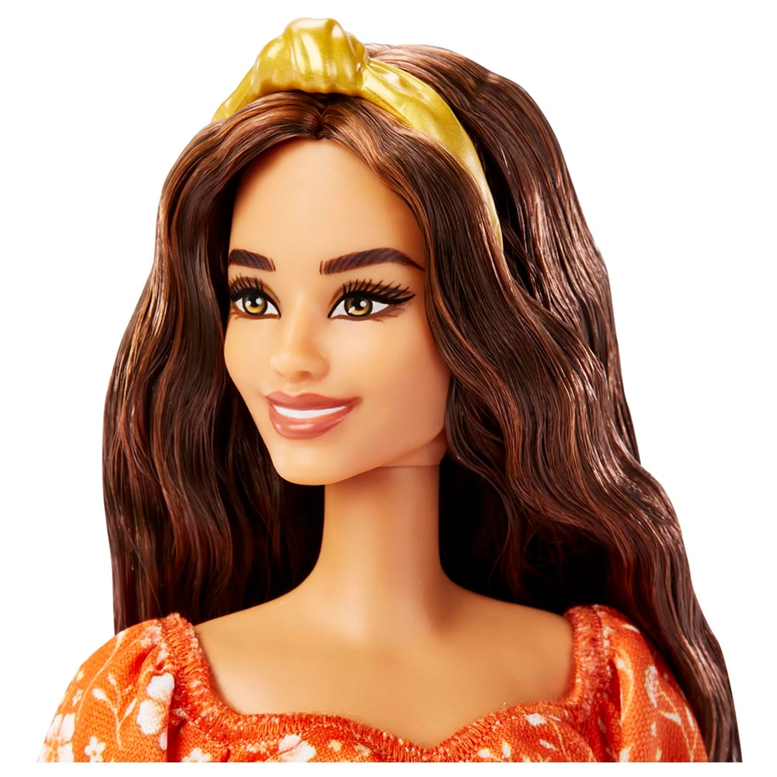 Barbie Fashionistas #160 - Long Brunette Hair Patterned Orange Dress Ages 3+