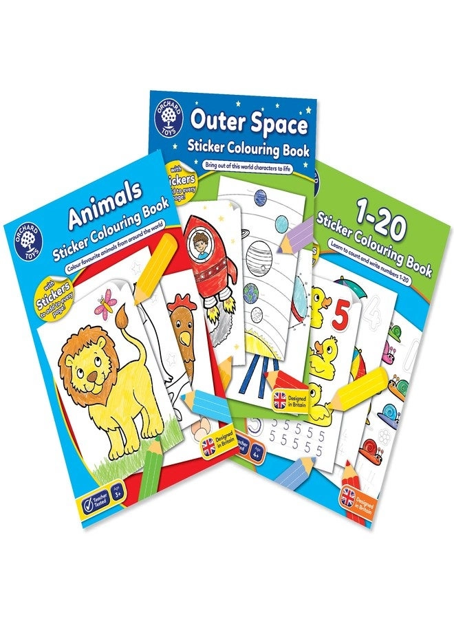 Outer Space + Animals + 1 to 20 Numbers Sticker Colouring Book - 3 to 7 Years 3 pieces