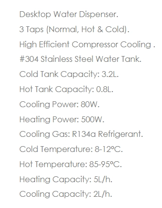 Desktop Water Dispenser - 3 Taps 3.2L Cold & 0.8L Hot